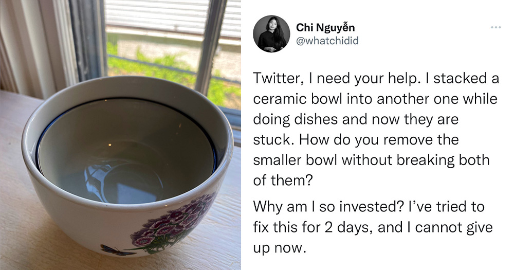 [Photo] Woman's 2 bowls tightly stuck together, crowdsources a