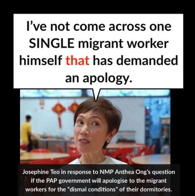 Josephine Teo - no migrant worker has demanded an apology.png